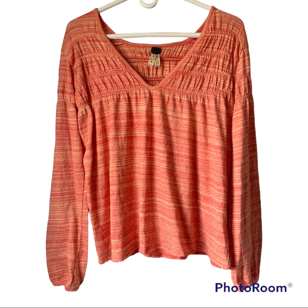 Free People We The Free Coral Long Sleeve V Neck Blouse with Small Scallop Edges